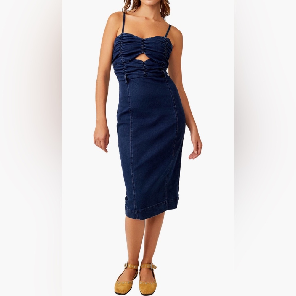 NWT Free People Serenity Ruched Denim Midi Dress Midnight Size XS